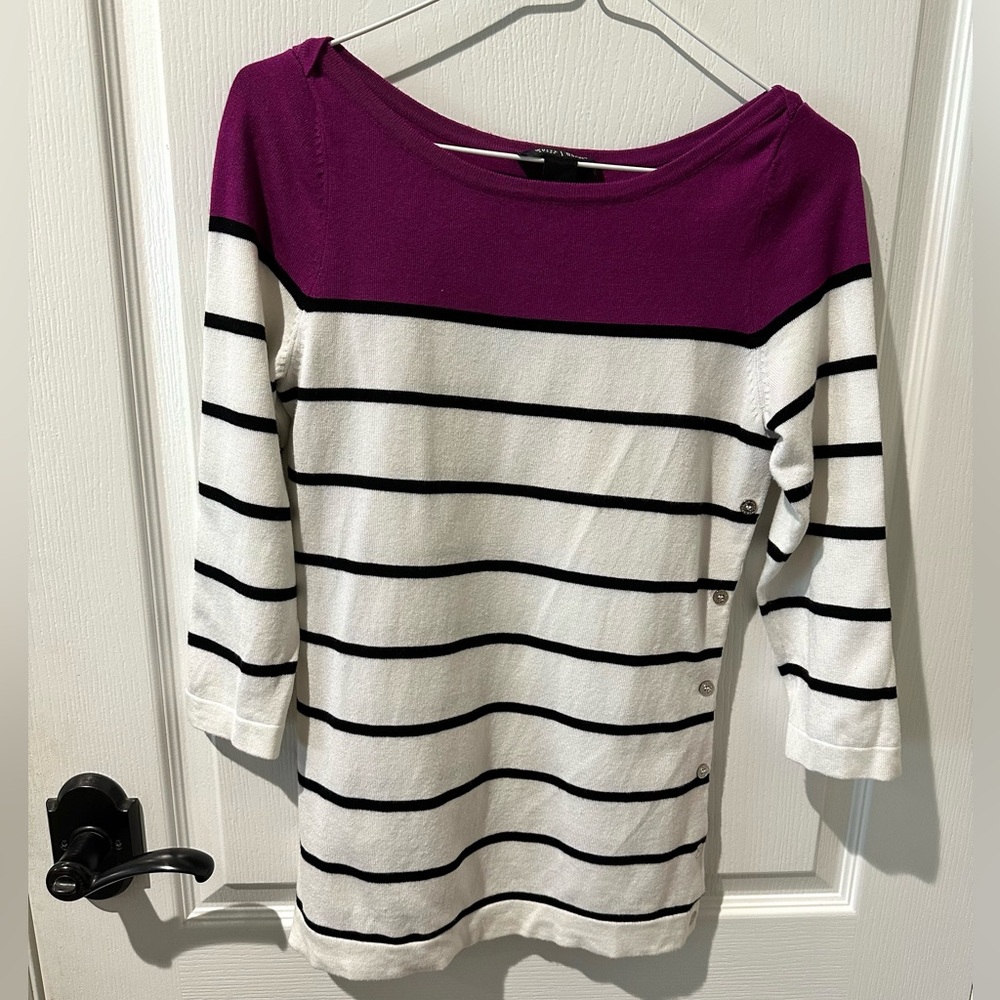 White House Black Market White Black and Purple Striped Side Button Knit Top - Picture 1 of 7